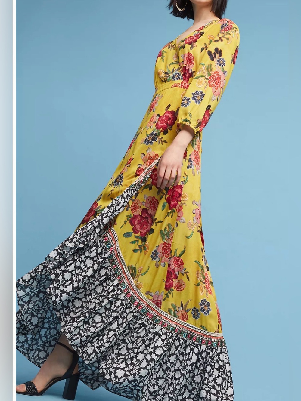 Farm Rio Anthropologie yellow floral Sunlit viscose wrap maxi dress Women’s M